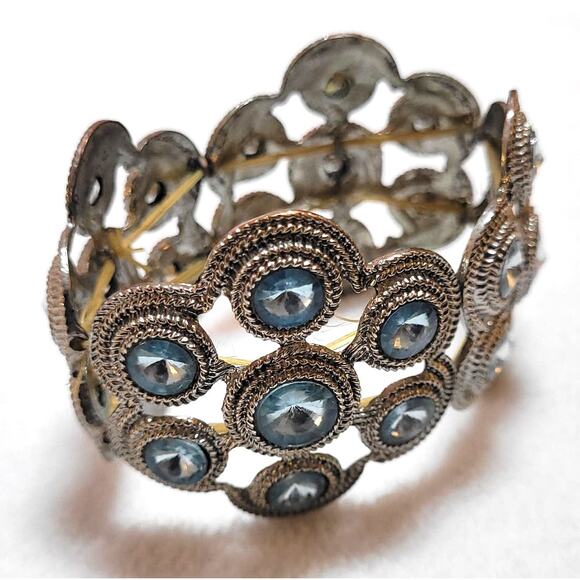 Blue Rivoli Crystal Stretch Silvertone Statement Bracelet Victorian Goth Fairy - Picture 5 of 5